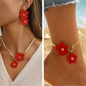 Red Floral Jewelry Set